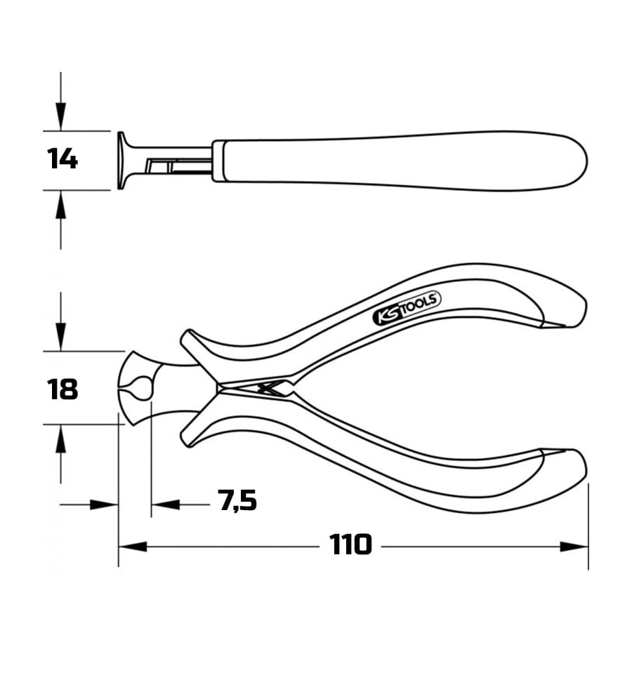 Dimensions de la Pince Coupante Frontale Électronique